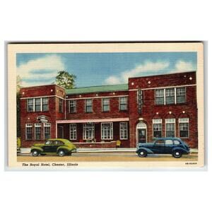 Royal Hotel Chester Illinois Vintage Linen Postcard 1936 Art-Colortone Cars